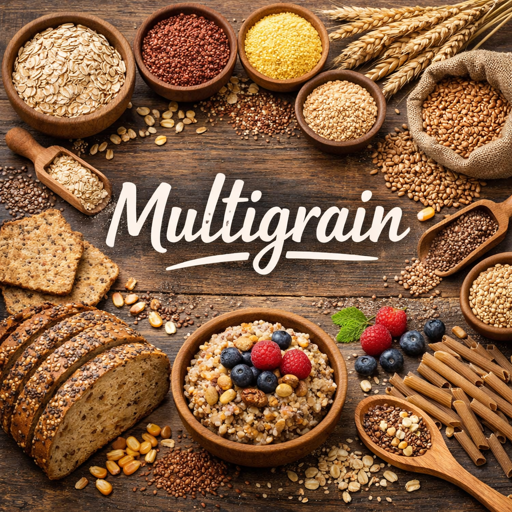 **Alt Text:**
“Multigrain foods displayed on a wooden table including oats, wheat, millet, quinoa, seeds, multigrain bread slices, porridge topped with berries, and whole grains arranged around the word ‘Multigrain’.”