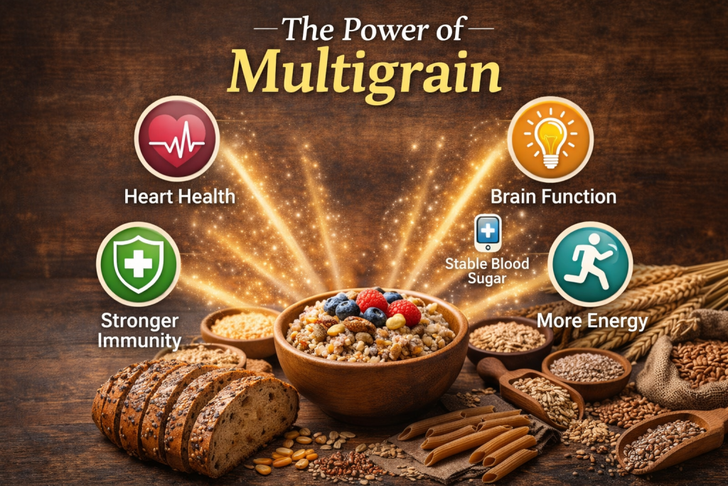 **Alt Text:**
“Popular multigrains displayed on a wooden background, including wheat, oats, quinoa, brown rice, millet, and ragi, shown in separate piles with labeled names for easy identification.”