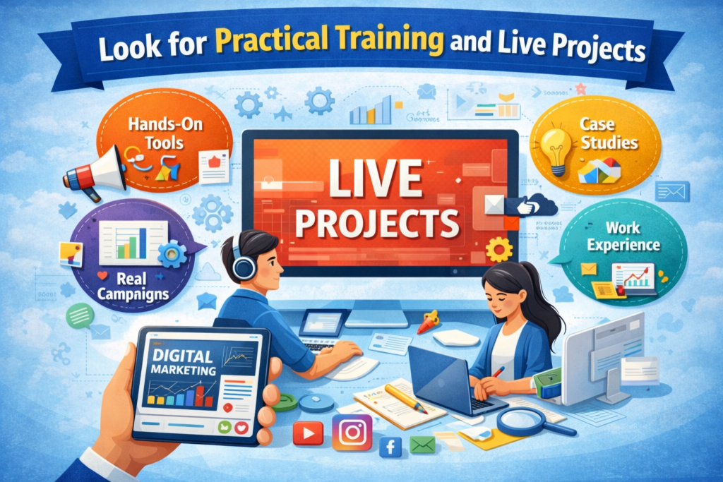 Illustration highlighting the importance of practical training and live projects in a digital marketing course, showing students working on real campaigns with laptops and tablets, a central screen labeled “Live Projects,” and icons for hands-on tools, case studies, real campaigns, and work experience.