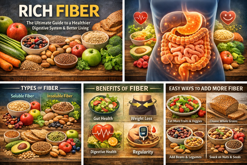 Rich fiber foods guide showing whole grains, fruits, vegetables, legumes, and digestive system benefits for improved gut health and better living.