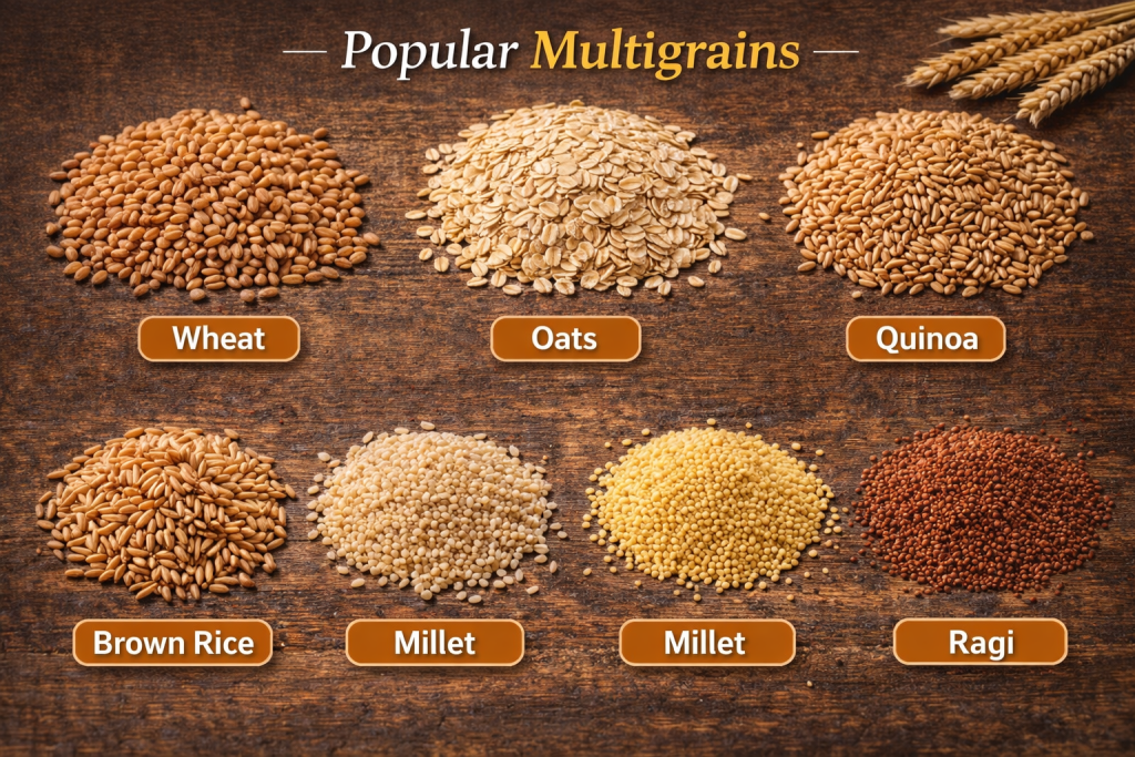 **Alt Text:**
“Infographic showing the power of multigrain foods with a bowl of multigrain porridge, whole grains, and bread, highlighting health benefits such as heart health, brain function, stronger immunity, stable blood sugar, and more energy.”