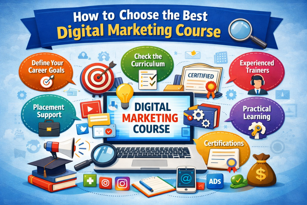 Illustration showing how to choose the best digital marketing course, featuring a laptop labeled “Digital Marketing Course” surrounded by icons for career goals, curriculum check, experienced trainers, practical learning, certifications, and placement support, along with digital marketing tools and symbols.
