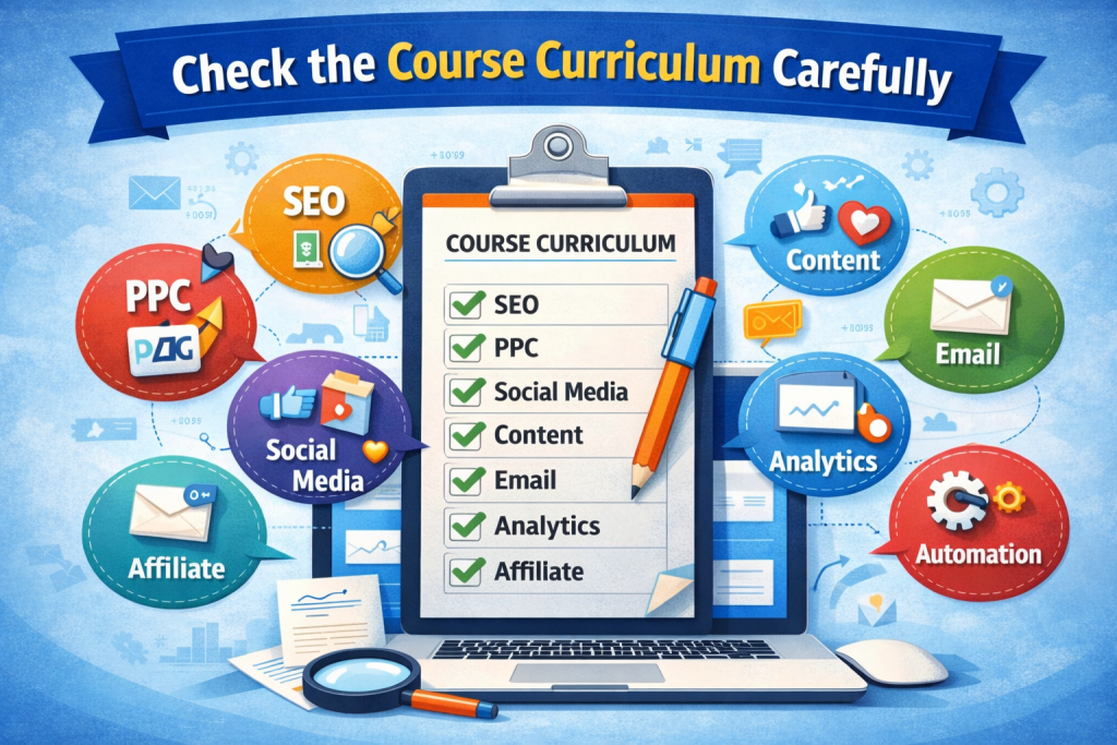 Illustration highlighting the importance of practical training and live projects in a digital marketing course, showing students working on real campaigns with laptops and tablets, a central screen labeled “Live Projects,” and icons for hands-on tools, case studies, real campaigns, and work experience.