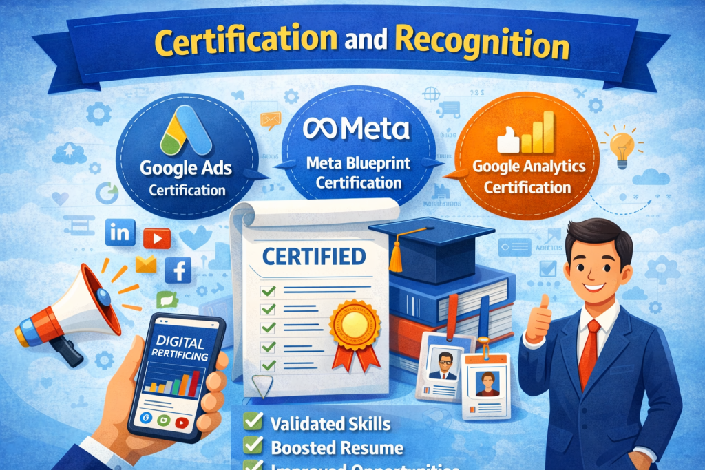 Illustration representing certification and recognition in digital marketing, featuring Google Ads, Meta Blueprint, and Google Analytics certifications, a certified document with a seal, graduation cap, books, professional profile cards, and a confident professional symbolizing validated skills and career credibility.